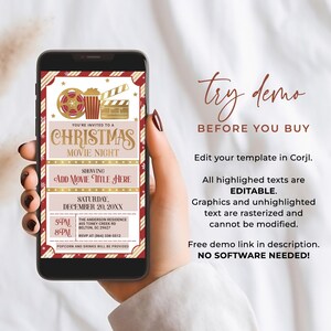 Puede incluir: Una invitaci&oacute;n digital para una noche de cine navide&ntilde;a. La invitaci&oacute;n es de rayas rojas y blancas con un carrete de pel&iacute;cula rojo y dorado, un cubo de palomitas y una claqueta. El texto dice "Est&aacute;s invitado a una noche de cine navide&ntilde;a" y "A&ntilde;adir t&iacute;tulo de la pel&iacute;cula aqu&iacute;".
