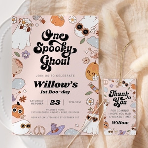 One Spooky Ghoul Birthday Invitation EDITABLE, Groovy Halloween 1st Birthday Invitation Printable, Cute Pink Ghost Birthday Party SH13