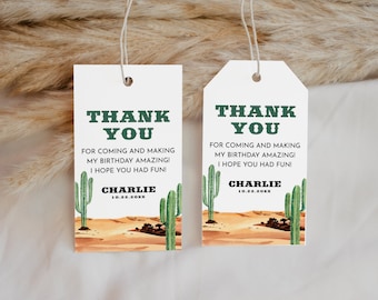 Etichette regalo di compleanno a tema cowboy modificabili, etichette di ringraziamento western stampabili, etichette regalo per il primo compleanno a tema rodeo, selvaggio West, etichette di ringraziamento per la partecipazione