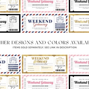 Peut inclure: Huit mod&egrave;les de bons cadeaux imprimables pour une escapade d'un week-end. Chaque mod&egrave;le pr&eacute;sente une valise, un fond dor&eacute; ou noir et le texte "Weekend Getaway".