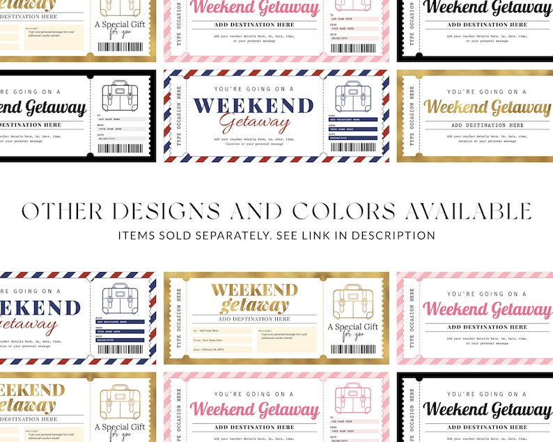 Peut inclure: Huit mod&egrave;les de bons cadeaux imprimables pour une escapade d'un week-end. Chaque mod&egrave;le pr&eacute;sente une valise, un fond dor&eacute; ou noir et le texte "Weekend Getaway".