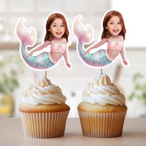 Mermaid Face Cupcake Toppers, Personalized Mermaid Photo Cupcake Toppers, Mermaid Party, Mermaid Birthday Decor, Custom Mermaid Topper FM11