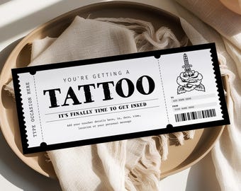 Tattoo Gift Certificate Template, EDITABLE Tattoo Gift Voucher, Printable Get Inked Gift Card, Tattoo Ticket Coupon, Tattoo Artist Gift
