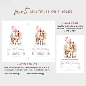 May include: Printable invitation for a 6th birthday party with a watercolor illustration of a brown horse with pink balloons and flowers. The text on the invitation reads "Lily's 6th Birthday".