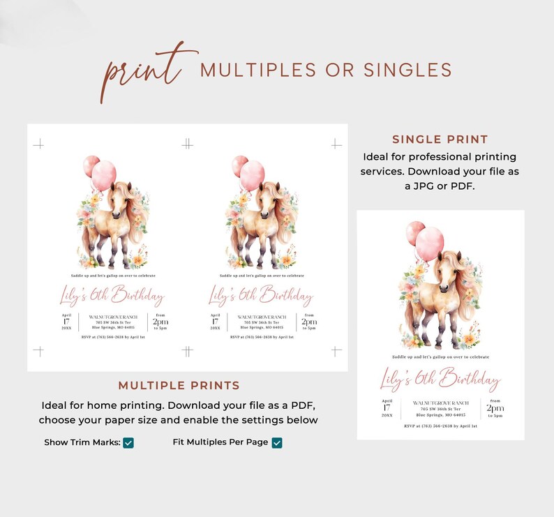 May include: Printable invitation for a 6th birthday party with a watercolor illustration of a brown horse with pink balloons and flowers. The text on the invitation reads "Lily's 6th Birthday".