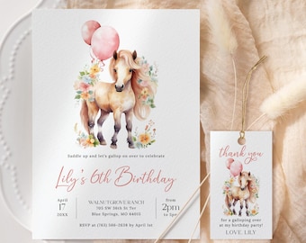 May include: A pink and white birthday invitation with a watercolor illustration of a brown horse with a pink balloon. The invitation says "Lily's 6th Birthday" and includes details about the party, including the date, time, and location. A matching thank you tag is also included with a similar illustration of a horse and the text "thank you for a galloping over at my birthday party! LOVE: LILY."