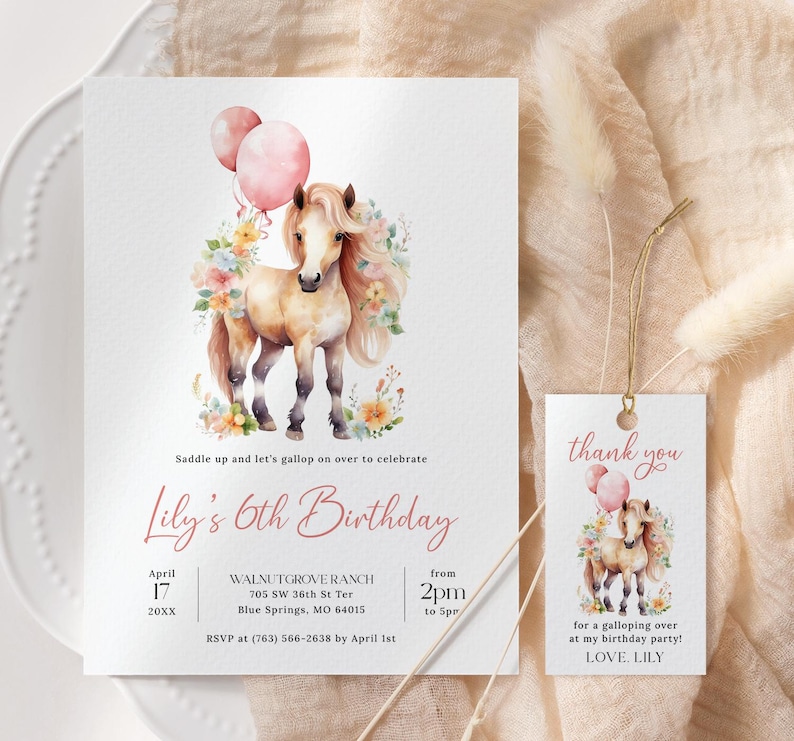 May include: A pink and white birthday invitation with a watercolor illustration of a brown horse with a pink balloon. The invitation says "Lily's 6th Birthday" and includes details about the party, including the date, time, and location. A matching thank you tag is also included with a similar illustration of a horse and the text "thank you for a galloping over at my birthday party! LOVE: LILY."