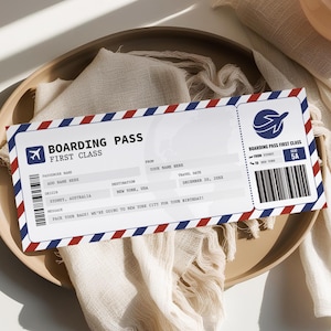 以下が含まれることがあります： 青、赤、白のデザインのファーストクラス搭乗券。「BOARDING PASS FIRST CLASS」の文字、乗客と目的地の詳細、バーコードが含まれています。出発地はオーストラリアのシドニー、目的地はアメリカのニューヨークです。