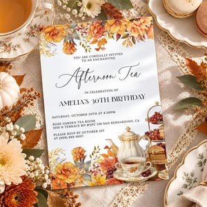 Invitation pour un thé d'automne, invitation modifiable pour une fête du thé automnale, thé entre amies, anniversaire avec thé, goûter entre filles FA21
