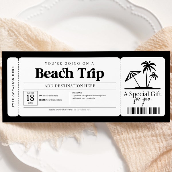 Beach Trip Ticket EDITABLE, Surprise Vacation Travel Voucher, Getaway Trip Ticket Template, Travel Certificate Printable, Any Occasion