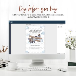 May include: A computer screen displaying a printable invitation template for a first birthday party. The invitation features a cartoon airplane with blue and white clouds. The text on the invitation reads "Christopher is turning one".