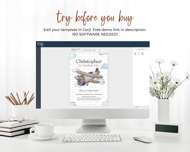 May include: A computer screen displaying a printable invitation template for a first birthday party. The invitation features a cartoon airplane with blue and white clouds. The text on the invitation reads "Christopher is turning one".