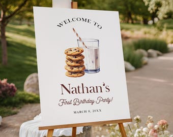 Melk en koekjes verjaardag welkomstbord BEWERKBAAR, melk en koekjes eerste verjaardagsfeestje decor, afdrukbare cookie verjaardag welkomstposter MC42