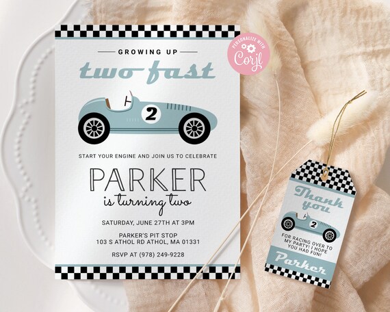 Two Fast Birthday Invitation EDITABLE, Blue Race Car Party Invitation Printable, 2 Fast Racing Invitation, Vintage Retro, Instant Download Il_570xn