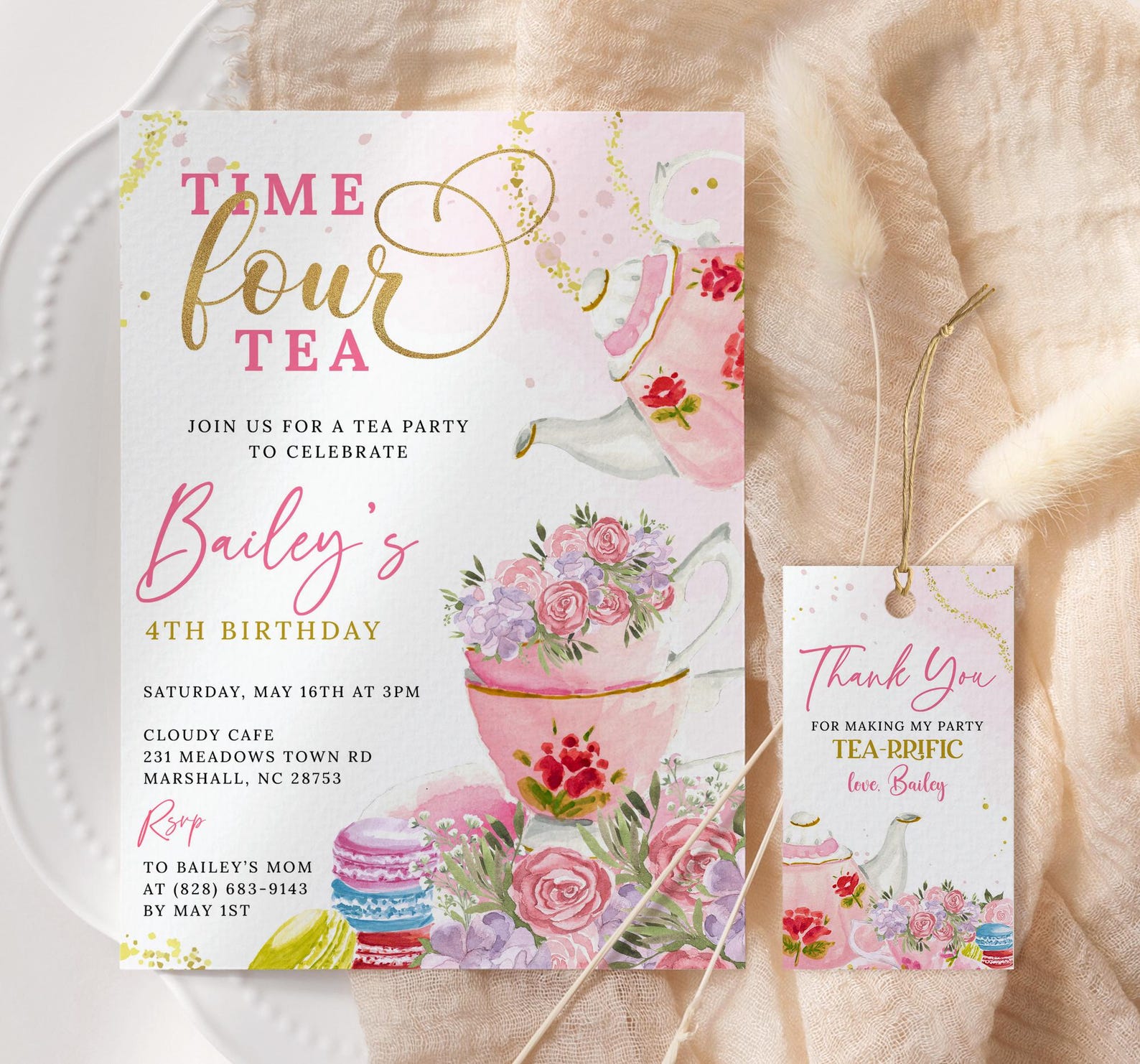Time Four Tea Invitation Time Four Tea Birthday Invitation EDITABLE, 4th Birthday Tea Party ...