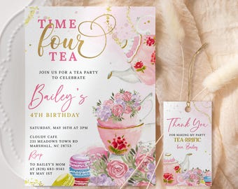 Time Four Tea Birthday Invitation EDITABLE, 4th Birthday Tea Party, Pink Gold Par-Tea Invite Printable, Floral Afternoon Tea Party TP09