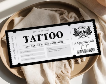 Tattoo Gift Certificate Template, EDITABLE Tattoo Gift Voucher, Printable Get Inked Gift Card, Tattoo Ticket Coupon, Tattoo Artist Gift