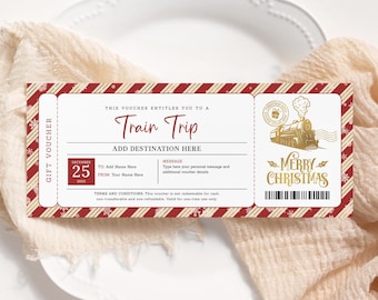 May include: A red and white striped gift voucher with a gold train illustration and the text "Train Trip" and "Merry Christmas". The voucher is for a train trip and includes a space to add a destination, a message, and the recipient's name.