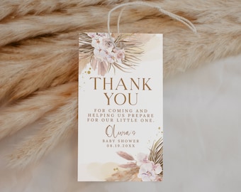 Etiquetas de recuerdo para baby shower estilo boho pampas (EDITABLES), etiquetas de agradecimiento boho imprimibles, etiquetas de regalo para baby shower en tonos tierra, etiqueta de agradecimiento por venir.