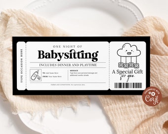 Babysitting Voucher EDITABLE, Babysitting Coupon Printable, Personalized Baby Sitting Gift Certificate, Babysitter Coupon, Any Occasion