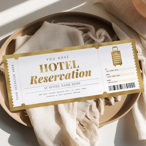 Certificado de reserva de hotel editable, plantilla de vale de regalo para estancia en hotel, certificado imprimible para vacaciones en casa, noche fuera, cualquier ocasión HR22