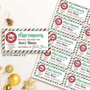 May include: Red and green striped gift tags with the text "Merry Christmas" and "Special Delivery for Avery Moore Delivered by Santa Claus". The tags are 2.5 inches by 1.5 inches and 4 inches by 2 inches.