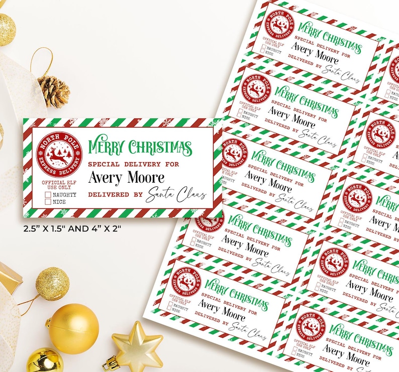 May include: Red and green striped gift tags with the text "Merry Christmas" and "Special Delivery for Avery Moore Delivered by Santa Claus". The tags are 2.5 inches by 1.5 inches and 4 inches by 2 inches.