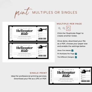 May include: Printable helicopter ride ticket template with black and white design. The ticket says "You're going on a Helicopter Ride".
