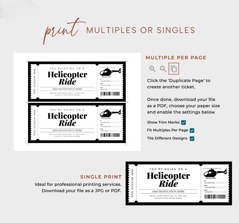 May include: Printable helicopter ride ticket template with black and white design. The ticket says "You're going on a Helicopter Ride".
