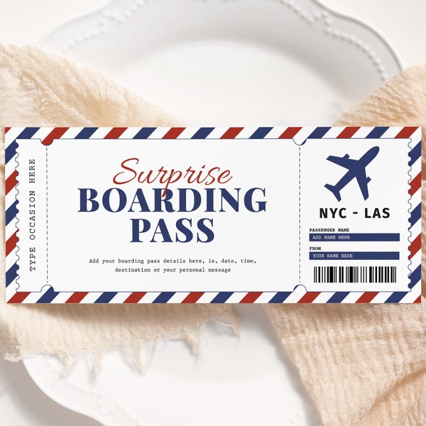 Boarding Pass Ticket Template EDITABLE, Surprise Trip Ticket, Printable Personalized Plane Gift Ticket Voucher, Flight Airline Ticket