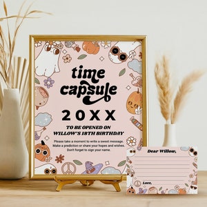 Halloween  Time Capsule Sign EDITABLE, Groovy Pink Halloween Birthday Party Sign, Spooky One Spooktacular Birthday, Capsule Note Card SH13