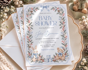 PRINTED Christmas Nursery Baby Shower Invitation, Blue Winter Baby Shower Invite, Vintage Storybook Baby Shower Cards with Envelopes CN06