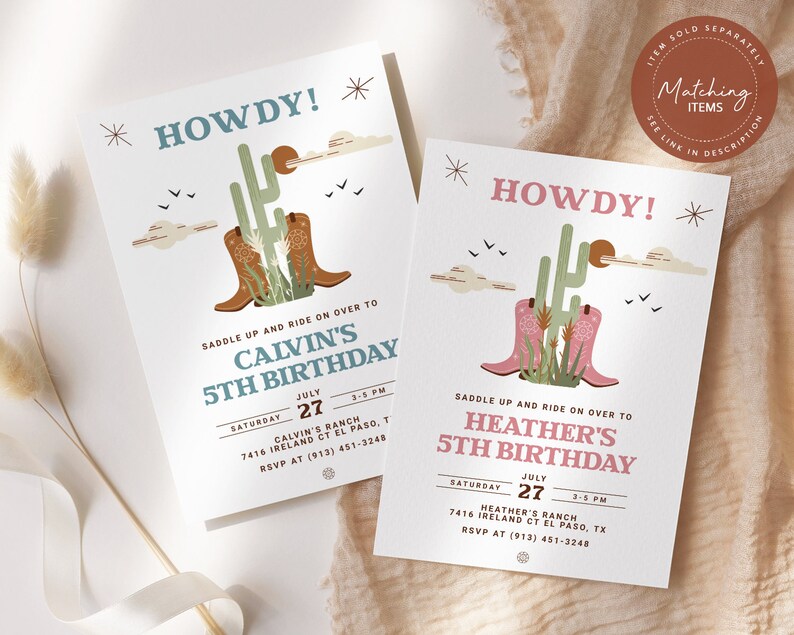 May include: Two printable invitations for a 5th birthday party with a western theme. The invitations feature a cactus, cowboy boots, and the text "Howdy!" in a bold, colorful font. The text on the invitations includes the name of the birthday child, the date, time, and location of the party.