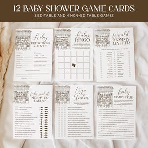 Może przedstawiać: Zestaw 12 kart do gier na baby shower z tekstem "12 BABY SHOWER GAME CARDS" i "8 EDITABLE AND 4 NON-EDITABLE GAMES". Karty zawierają gry takie jak "Baby Predictions & Advice" i "Baby Bingo". Karty są białe z czarnym tekstem.
