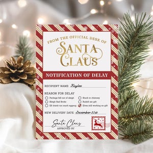 Notificación de retraso de regalo de Navidad EDITABLE, Aviso de regalo retrasado, Carta de visita tardía de Papá Noel, Regalo de Navidad tardío, Regalo que se retrasa CG25
