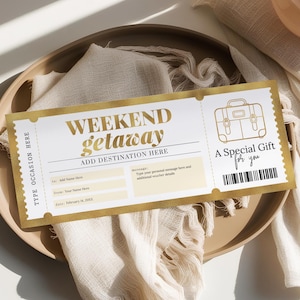 Weekend Getaway Gift Certificate Template, Editable Surprise Weekend Away Voucher, Gold Birthday Trip Ticket, Printable Travel Gift, Digital Download