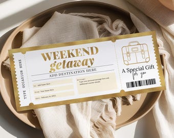 Weekend Getaway Gift Certificate Template, Editable Surprise Weekend Away Voucher, Gold Birthday Trip Ticket, Printable Travel Gift WG22