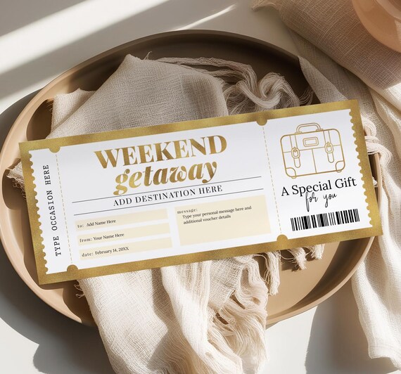 Weekend Getaway Gift Certificate Template, Editable Surprise Weekend Away Voucher, Gold Birthday Trip Ticket, Printable Travel Gift WG22