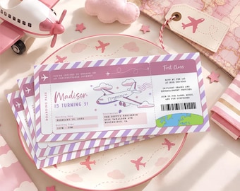 PRINTED Girl Boarding Pass Birthday Invitation, Pink Airplane Party Invite, Travel Theme Ticket Card for Kids Aviation Birthday Party
