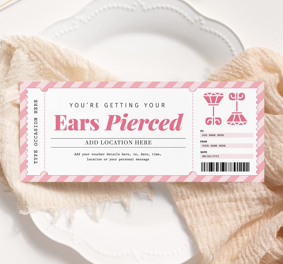 Ear Piercing Pink Gift Certificate EDITABLE, Ear Piercing Gift Voucher ...