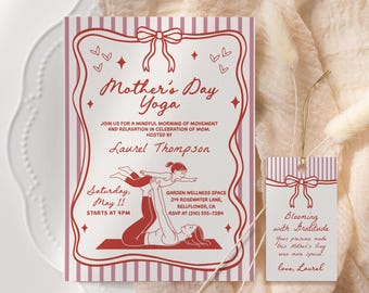 Zaproszenie na jogę z okazji Dnia Matki, Edytowalne zaproszenie na jogę z motywem Coquette, Różowe zaproszenie na pilates, Przyjęcie z okazji Dnia Matki, Szablon do druku
