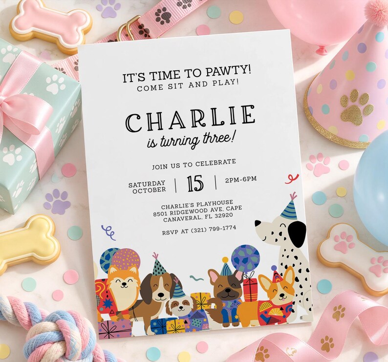 Let's Pawty Dog Birthday Invitation, Pawty Party Invite, Puppy Party Invitation, Dog Theme Birthday Invite, EDITABLE Printable Digital Download