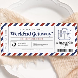 Weekend Getaway Voucher EDITABLE, Surprise Weekend Away Ticket, Birthday Trip Travel Voucher, Printable Trip Away Gift Certificate WG22