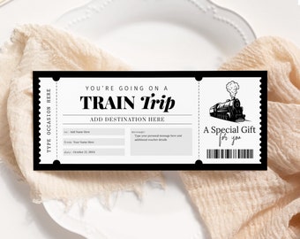 Train Ticket Voucher EDITABLE, Surprise Travel Trip Gift Certificate Printable, Personalized Train Boarding Pass, Train Ticket Template TT22