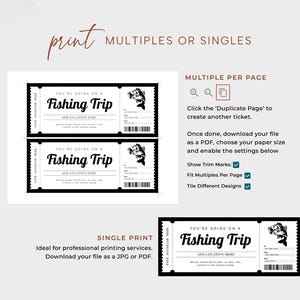 K&ouml;nnte beinhalten: Druckbare Angel-Ticket-Vorlage mit einer Schwarzwei&szlig;-Illustration eines Fisches. Die Vorlage enth&auml;lt den Text "You're going on a Fishing Trip" und einen Platz zum Hinzuf&uuml;gen eines Standorts. Die Vorlage kann als einzelnes Ticket oder als mehrere Tickets pro Seite gedruckt werden.