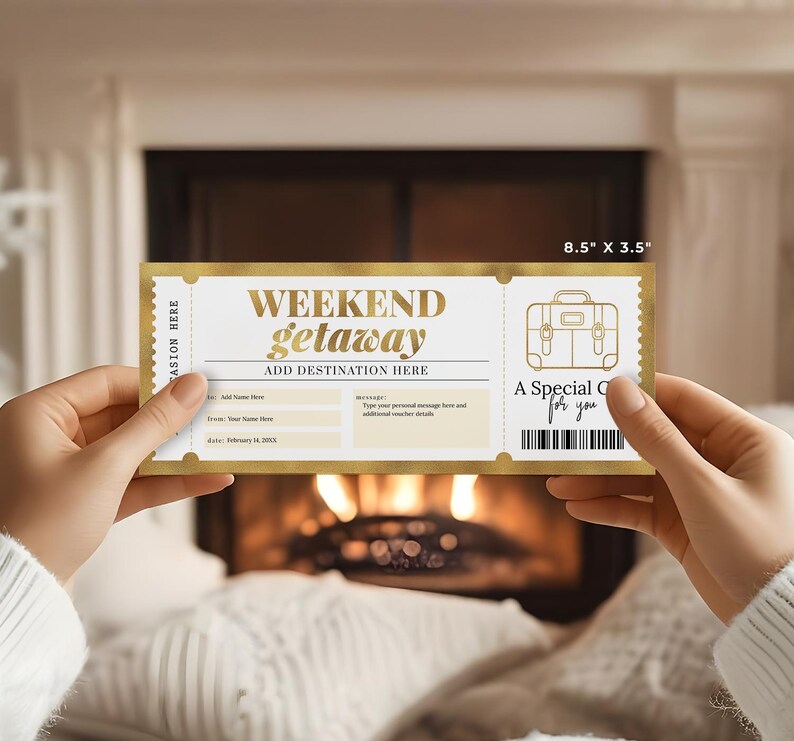 Weekend Getaway Gift Certificate Template, Editable Surprise Weekend Away Voucher, Gold Birthday Trip Ticket, Printable Travel Gift, Digital Download