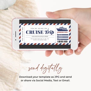 May include: A digital printable cruise ticket template with a red, white, and blue color scheme. The ticket says "You're going on a Cruise Trip" and "Boarding Pass".