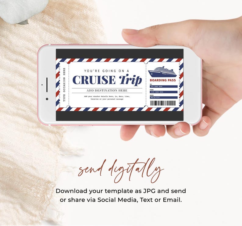 May include: A digital printable cruise ticket template with a red, white, and blue color scheme. The ticket says "You're going on a Cruise Trip" and "Boarding Pass".