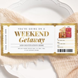 Weekend Getaway Gold Voucher EDITABLE, Surprise Weekend Away Ticket, Birthday Trip Travel Voucher, Printable Trip Away Gift Certificate WG22