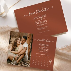Terrakotta-Fotokalender Speichern Sie das Datum EDITIERBARE, gebrannte Orange Hochzeitsansage druckbare, modernes rustikales Bild Speichern Sie das Datum